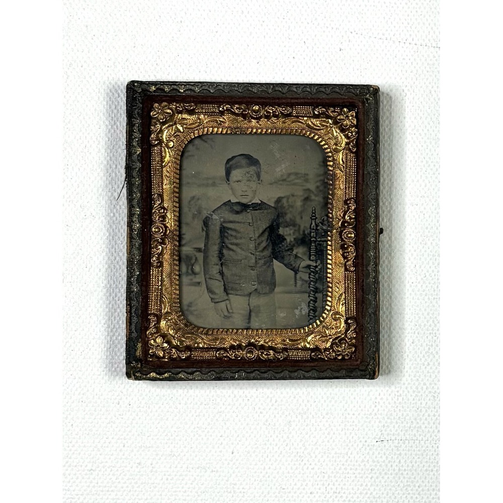 Antique Tintype Photograph Young Boy Original Pocket Frame 3 Inch